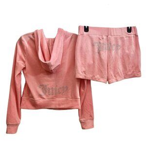Juicy Couture Bling Velour Tracksuit Hoodie and Shorts Set Flamingo